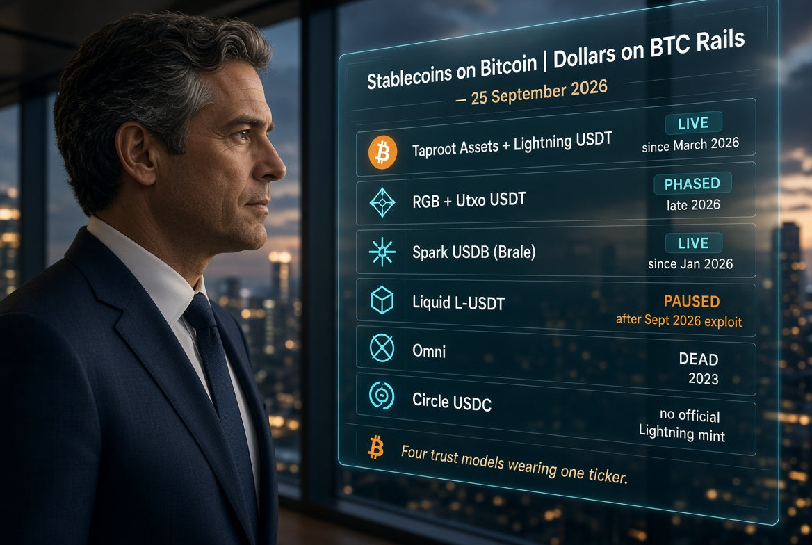 Stablecoins on Bitcoin: Four Rails, Four Trust Models, One Ticker